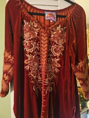 Embroidered Velvet Boho Tunic - Deep Rust Red